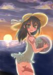  1girl :d ball bare_shoulders beachball black_hair burn_scar clouds dorei_to_no_seikatsu_~teaching_feeling~ from_side grey_eyes happy hat hat_ribbon highres long_hair looking_at_viewer ocean one-piece_swimsuit open_mouth ribbon scar smile solo sun_hat sunset swimsuit sylvie_(dorei_to_no_seikatsu) tom-brown water 