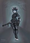  1girl artist_name badge bangs barefoot baton black_hair blue_eyes claws forest furry highres holding holding_weapon inaret jacket kemono leggings nature original police police_badge science_fiction shield short_hair solo thick_thighs thighs walkie-talkie wide_hips 
