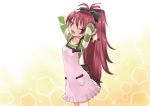  apron arms_behind_back bow fang hair_bow long_hair mahou_shoujo_madoka_magica one_eye_closed open_mouth ponytail redhead rin2008 sakura_kyouko smile tying 