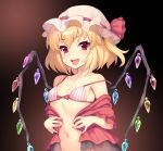  1girl blonde_hair blush bra crystal fang flandre_scarlet gradient gradient_background hat hat_ribbon looking_at_viewer mob_cap navel off_shoulder open_clothes open_mouth open_shirt pokachu red_eyes ribbon shirt short_hair side_ponytail smile solo striped striped_bra touhou underwear upper_body wings 