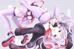  1girl animal_hood bare_shoulders bunny_hood collarbone dress falling frilled_dress frills full_body hair_ornament highres hood hood_down hoodie long_hair looking_at_viewer open_mouth purple_hair purple_legwear shoes simple_background smile solo thigh-highs twintails violet_eyes vocaloid voiceroid yamagara yuzuki_yukari 