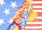  1girl american_flag american_flag_legwear american_flag_shirt arm_up blonde_hair blush clownpiece dutch_angle grin hat highres jester_cap long_hair looking_at_viewer pantyhose print_legwear red_eyes short_sleeves smile solo star striped touhou v ybth9190 