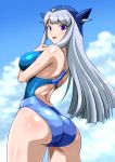  1girl ass blue_eyes cloudy_sky competition_swimsuit getter_robo hat long_hair monteri one-piece_swimsuit protogetter_(robot_girls_z) robot_girls_z silver_hair standing swimsuit 