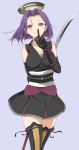  1girl adapted_costume finger_to_mouth gloves hair_intakes highres japanese_clothes kantai_collection kisetsu mechanical_halo purple_hair short_hair sleeveless smile tatsuta_(kantai_collection) thigh-highs violet_eyes weapon 