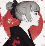  1girl artist_name bangs blood blood_splatter blunt_bangs closed_mouth collarbone copyright_request expressionless flag_background from_side guweiz hair_ornament hair_ribbon hair_scrunchie half-closed_eyes japanese_clothes japanese_flag kanji kimono limited_palette lips ponytail profile ribbon scrunchie short_ponytail solo translation_request upper_body 