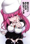  1girl bleach bow breasts dokugamine_riruka hanya_(hanya_yashiki) hat heart highres large_breasts long_hair looking_at_viewer nail_polish open_mouth pink_hair pointing pointing_at_viewer purple_hair smile solo twintails violet_eyes white_background 