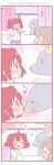  1girl 2girls 4koma ^_^ animal blue_eyes blush brown_hair closed_eyes collared_shirt comic heart kiss kunikida_hanamaru kurosawa_ruby love_live! love_live!_sunshine!! multiple_girls redhead saku_usako_(rabbit) seal shirt short_sleeves shorts solo striped striped_shirt translation_request two_side_up |_| 