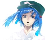 1girl blue_eyes blue_hair face green_hat hair_bobbles hair_ornament hat kawashiro_nitori open_mouth short_hair solo surprised tlman touhou twintails two_side_up white_background 