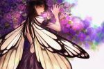  1girl black_hair butterfly_wings flower garters highres long_hair looking_back open_mouth original romiy rose solo violet_eyes wings 