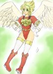  1girl angel_wings armor blonde_hair boots breath_of_fire breath_of_fire_i gloves green_eyes hairband kuroriku-kaname leotard nina_(breath_of_fire_i) short_hair thigh-highs white_background white_wings wings 