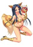  1girl absurdres animal_ears beans black_hair boots breasts cleavage elbow_gloves fox_ears fox_tail gloves grin high_heels highres kneeling long_hair looking_at_viewer navel ngo oni_mask original setsubun simple_background smile solo tail tiger_print violet_eyes white_background 