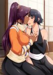  2girls :d bangs black_eyes black_hair bleach blush breasts closed_mouth cowboy_shot dark_skin detached_sleeves face-to-face hair_ornament halterneck holding_hands interlocked_fingers japanese_clothes large_breasts long_hair looking_at_another multiple_girls on_floor open_mouth panties pants ponytail purple_hair red_ribbon ribbon scarf shihouin_yoruichi shizuhime sideboob signature sitting skin_tight sliding_doors smile sui-feng tight tight_pants twintails underwear white_panties yellow_eyes yuri 