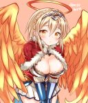  1girl :&lt; angel_wings blonde_hair blush braid breasts capelet cleavage crown_braid fur_trim gloves halo hands_on_legs leaning_forward marshmallow_mille puzzle_&amp;_dragons rozuel_(p&amp;d) skirt solo tiara twitter_username wings yellow_eyes 