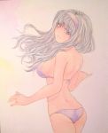 1girl ass hairband highres idolmaster long_hair looking_at_viewer open_mouth shijou_takane silver_hair smile solo swimsuit traditional_media watercolor_(medium) yuyu_(00365676) 