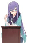  1girl alternate_costume black-framed_glasses blue_eyes crescent crescent_hair_ornament hair_ornament hayashi_kewi jacket lectern long_hair looking_at_viewer open_clothes open_jacket patchouli_knowledge purple_hair shirt skirt solo touhou very_long_hair 