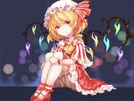  1girl adapted_costume ascot blonde_hair bloomers crystal detached_sleeves flandre_scarlet hat hat_ribbon mary_janes mob_cap red_eyes ribbon shirt shoes side_ponytail sitting skirt skirt_set solo thigh-highs touhou underwear white_legwear wings wrist_cuffs zhu_mu_cunix 