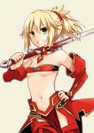  1girl blonde_hair braid clarent detached_sleeves fate/apocrypha fate/grand_order fate_(series) green_eyes grin midriff navel ponytail quro_(black_river) saber_of_red smile solo strapless tubetop 