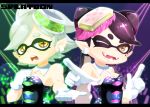 +_+ 2girls aori_(splatoon) bare_shoulders black_dress black_hair breasts cleavage close-up commentary_request detached_collar domino_mask dress earrings eyebrows fangs food food_on_head gloves hat highres hotaru_(splatoon) jewelry long_hair looking_at_viewer mask mole mole_under_eye motsuya_(motunabeeeeee) multiple_girls object_on_head one_eye_closed open_mouth pointing pointy_ears short_hair silver_hair smile splatoon strapless symbol-shaped_pupils tentacle_hair tentacles thick_eyebrows white_gloves yellow_eyes 