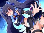  1girl ass bare_shoulders black_hair blush hair_ornament highres long_hair looking_at_viewer looking_back neptune_(series) noire oborotsuki_kakeru open_mouth panties pantyshot red_eyes ribbon skirt solo twintails underwear upskirt very_long_hair white_panties 