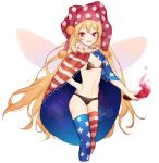  1girl american_flag_legwear blonde_hair blush bra cape clownpiece fairy_wings hajin hat jester_cap long_hair looking_at_viewer midriff navel open_mouth panties print_legwear red_eyes simple_background smile solo star striped thigh-highs touhou underwear white_background wings 