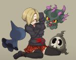  1girl blonde_hair closed_eyes drifloon duskull gazacy_(dai) hair_over_one_eye hairband idolmaster idolmaster_cinderella_girls misdreavus open_mouth pokemon pokemon_(creature) shirasaka_koume sitting skirt smile 