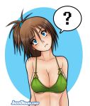  1girl ? bare_shoulders blue_eyes blue_ribbon breasts brown_hair cleavage closed_mouth collarbone copyright_request frown hair_between_eyes hair_ribbon head_tilt highres jago_dibuja lips looking_at_viewer midriff ponytail ribbon simple_background solo spoken_question_mark triforce two-tone_background upper_body watermark web_address 