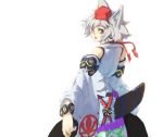  1girl animal_ears bare_shoulders bracelet detached_sleeves embellished_costume hat inubashiri_momiji jewelry looking_back red_hat sheath sheathed short_hair solo sword tlman tokin_hat touhou weapon white_background white_hair wide_sleeves wolf_ears yellow_eyes 