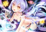  1girl :d ass bikini blue_bikini blush breasts cleavage frilled_bikini frills heart heart-shaped_pupils highres jewelry leg_garter long_hair looking_at_viewer low_twintails microphone microphone_stand mvv necklace open_mouth orange_eyes silver_hair smile solo star swimsuit symbol-shaped_pupils twintails very_long_hair vocaloid xingchen 