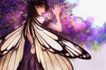  1girl arm_garter black_hair butterfly_wings flower highres long_hair looking_back open_mouth original purple_rose romiy rose solo violet_eyes wings 