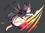  1girl animal_ears black_background blush brown_hair dress fang full_body full_moon imaizumi_kagerou long_hair long_sleeves looking_at_viewer moon nogisaka_kushio open_mouth red_eyes shoes solo tail touhou very_long_hair wolf_ears wolf_tail 