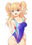  1girl aikatsu! blonde_hair blush breasts competition_swimsuit idolmaster idolmaster_cinderella_girls idolmaster_cinderella_girls_starlight_stage long_hair looking_at_viewer natsuki_mikuru nitta_minami nitta_minami_(cosplay) one-piece_swimsuit open_mouth red_eyes seiyuu_connection shovelwall simple_background smile solo suzaki_aya swimsuit two_side_up 