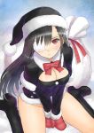  1girl :&lt; black_boots black_hair black_santa_costume boots bottomless breasts christmas cleavage eyepatch gloves groin hat highres knee_boots long_hair looking_at_viewer mittens no_panties original red_eyes ribbon sack santa_costume santa_hat shiny shiny_hair sitting solo tanaka_takayuki thigh-highs thigh_boots wariza 