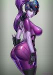  1girl ass bare_back bodysuit breasts grey_background large_breasts lips long_hair looking_at_viewer mavezar nipples overwatch ponytail purple_hair purple_skirt skirt solo thighs widowmaker_(overwatch) yellow_eyes 