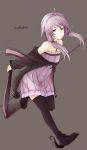  1girl ahoge bare_shoulders black_legwear blade boots collarbone dress expressionless full_body highres holding holding_weapon hood hoodie itituki knife long_hair looking_at_viewer off_shoulder purple_hair running simple_background solo thigh-highs twintails violet_eyes vocaloid voiceroid yuzuki_yukari 