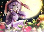  1girl animal_hood bunny_hood dress flower full_moon hair_ornament hood hoodie long_hair looking_at_viewer moon open_clothes open_hoodie open_mouth petals purple_hair purple_legwear rose smile solo thigh-highs twintails violet_eyes vocaloid voiceroid yamagara yuzuki_yukari 