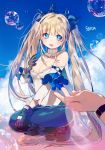  1girl bare_shoulders blue_eyes breasts clouds cloudy_sky gloves long_hair open_mouth original sky smile soap_bubbles sorolp squatting tagme twintails 