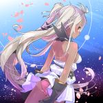  1girl bare_shoulders dark_skin from_behind gloves granblue_fantasy looking_at_viewer looking_back panties red_eyes silver_hair skirt solo tajima_ryoushi the_order_grande twintails underwear 
