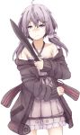  1girl ahoge bare_shoulders blade collarbone dress hair_ribbon highres holding holding_weapon hood hoodie itituki knife long_hair looking_at_viewer off_shoulder purple_hair ribbon solo twintails upper_body violet_eyes vocaloid voiceroid white_background yuzuki_yukari 