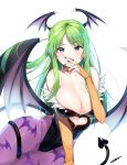  1girl :o absurdres bangs bare_shoulders bat_print bat_wings between_legs black_nails black_wings blue_eyes breasts bridal_gauntlets cleavage collarbone demon_girl demon_tail dr_poapo eyebrows eyebrows_visible_through_hair fangs green_hair hand_to_own_mouth head_wings heart heart_cutout highleg highleg_leotard highres large_breasts leotard long_hair morrigan_aensland nail_polish open_mouth pantyhose print_legwear purple_legwear signature simple_background solo strapless strapless_leotard succubus sweat tail tail_between_legs vampire_(game) white_background wings 