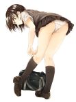  1girl adjusting_clothes adjusting_legwear ass bag bent_over black_hair black_legwear dress_shirt hair_ornament hairclip highres hiiragi_yashiro kneehighs loafers panties pantyshot pantyshot_(standing) school_bag school_uniform shirt shoes short_hair solo standing underwear white_background white_panties 