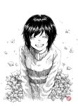  :d androgynous anisa_novia closed_eyes flower frisk_(undertale) hatching_(texture) highres monochrome open_mouth petals signature smile solo striped striped_sweater sweater undertale upper_body watermark 