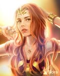  1girl alternate_costume bracelet fingernails freckles green_eyes highres jewelry league_of_legends leona_(league_of_legends) long_hair looking_at_viewer nail_polish necklace orange_hair owarinaisora parted_lips red_nails signature tagme tiara watermark younger 