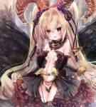  1girl bare_shoulders black_wings blonde_hair blush bracelet character_request dress frilled_dress frills hair_ornament horns jewelry long_hair looking_at_viewer open_mouth sennen_sensou_aigis solo wings yodori-san 