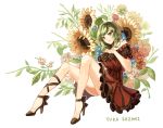  1girl alternate_costume ankle_lace-up character_name cross-laced_footwear dress flower green_hair high_heels kazami_yuuka looking_at_viewer puffy_short_sleeves puffy_sleeves red_dress red_eyes short_sleeves silence_girl smile solo striped striped_dress sunflower touhou 