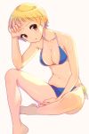  1girl barefoot bikini blonde_hair blush breasts brown_eyes cleavage fukuda_noriko idolmaster idolmaster_million_live! joey_koguma large_breasts looking_at_viewer navel open_mouth short_hair side-tie_bikini sitting solo swimsuit 