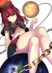  1girl black_shirt breasts chain crop_top crop_top_overhang crossed_legs earth_(ornament) hecatia_lapislazuli janne_cherry long_hair looking_at_viewer moon_(ornament) multicolored_skirt polos_crown red_eyes redhead shirt sitting smile solo touhou under_boob 
