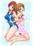  2girls abe_tsukumo back-to-back bike_shorts blue_background blue_eyes breasts brown_hair character_name full_body gundam gundam_build_fighters gundam_build_fighters_try highres hoshino_fumina kamiki_mirai large_breasts long_hair looking_at_viewer multiple_girls one-piece_swimsuit open_mouth ponytail redhead scrunchie smile sports_bra swimsuit 
