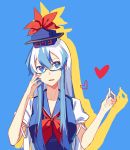  1girl bespectacled blue-framed_glasses blue_background blue_eyes blue_hair chalk dress ginryuu glasses hat head_tilt heart highres kamishirasawa_keine long_hair looking_to_the_side multicolored_hair open_mouth puffy_sleeves short_sleeves simple_background solo touhou upper_body white_hair 