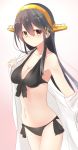 1girl alternate_costume bangs bare_shoulders bikini black_bikini black_hair blush breasts cleavage closed_mouth collarbone commentary_request cowboy_shot eyebrows eyebrows_visible_through_hair gradient gradient_background hair_between_eyes hair_ornament hairclip haruna_(kantai_collection) headgear kantai_collection long_hair looking_at_viewer navel solo standing stomach swimsuit undressing yellow_eyes yuki_(yukin0128) 