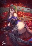 1girl arm_support ass bare_shoulders belt black_legwear black_shoes breasts broken brown_hair cleavage closed_mouth flower from_above granblue_fantasy hair_between_eyes hair_flower hair_ornament high_heels highres jewelry large_breasts leaf long_hair looking_at_viewer lying mkd78236 necklace on_side panties pantyshot pantyshot_(lying) petals plant purple_flower purple_rose rose rosetta_(granblue_fantasy) shoes signature smile solo thigh-highs underwear very_long_hair vines violet_eyes white_flower white_rose 